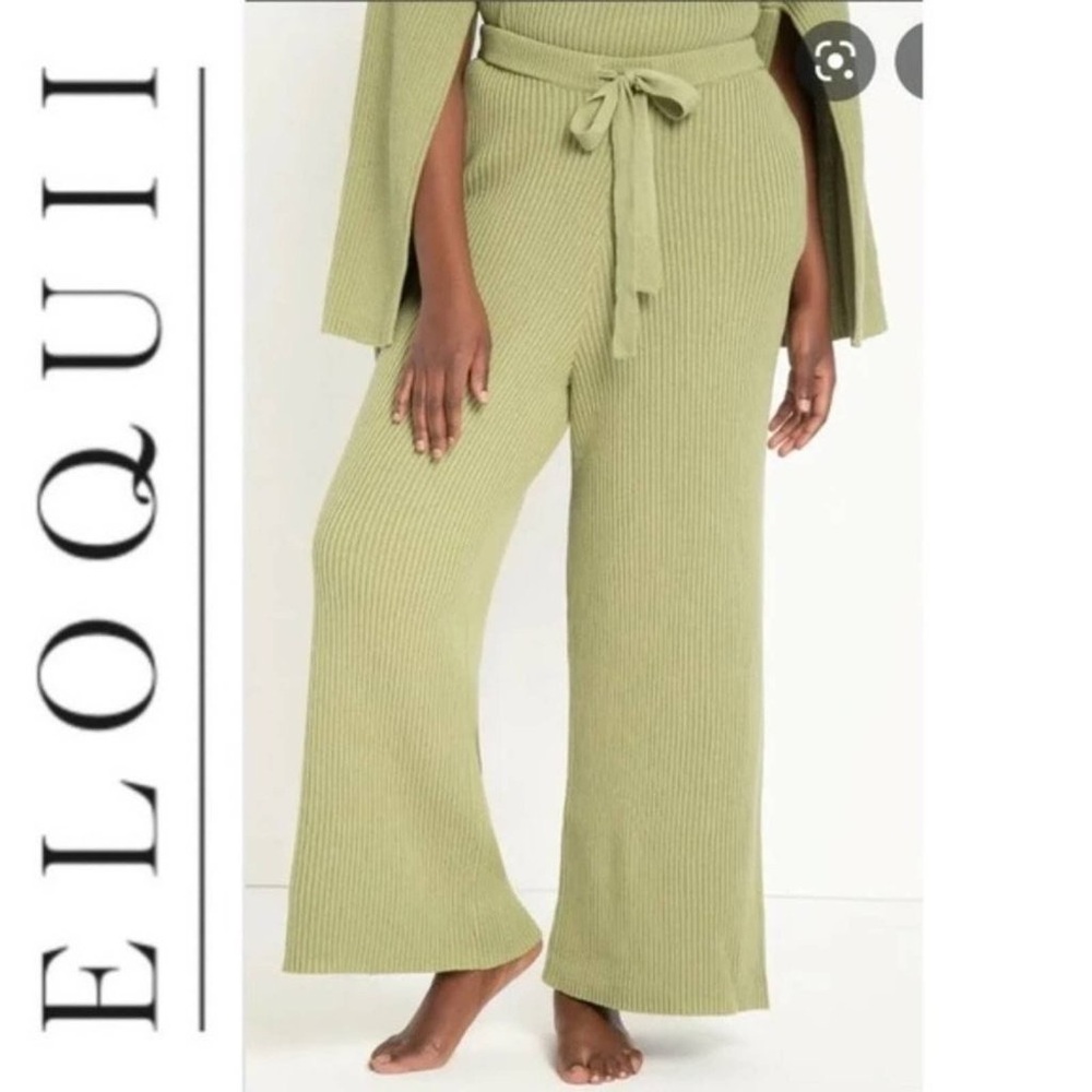 ELOQUII Wide Leg Knit Ribbed Green High Rise Sweater Lounge Pull On Pants